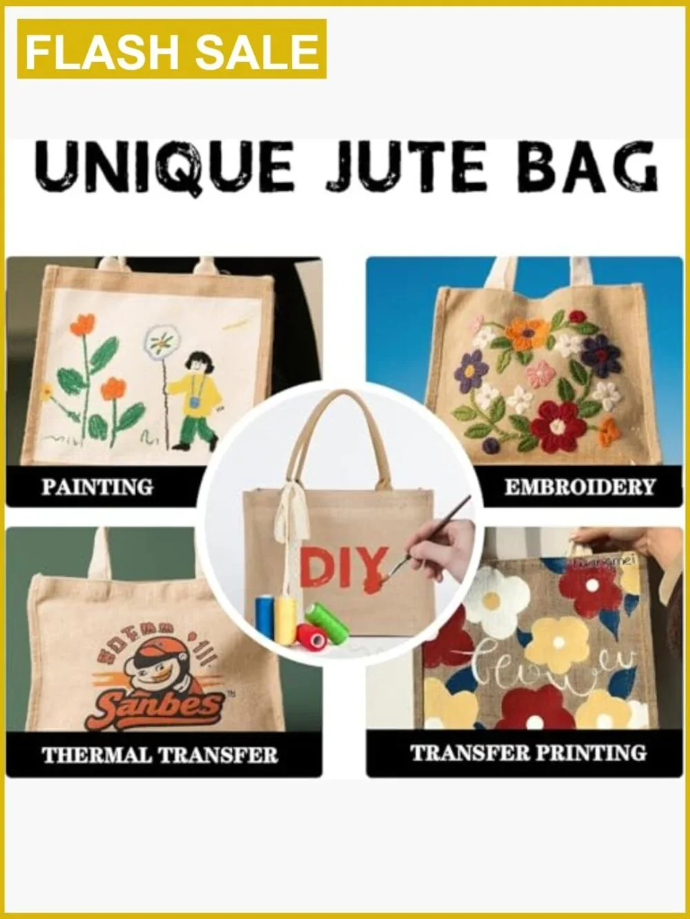 Burlap Tote Bag Set 6 Pack Reusable Grocery Shopping Jute Party Gift
